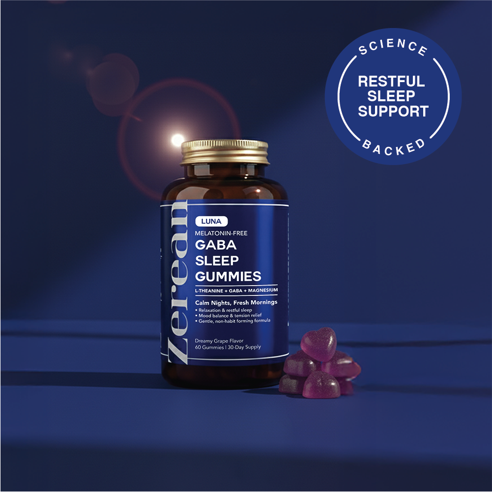 Zerean Luna bottle on a blue background — GABA and L-theanine gummies for the evening wind-down.