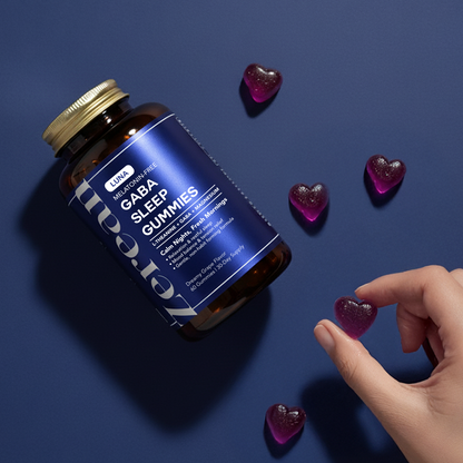 Hand reaching for heart-shaped Zerean Luna gummy beside bottle — melatonin-free sleep gummies with GABA and L-theanine for relaxation.