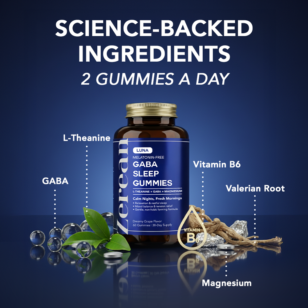 Zerean Luna bottle surrounded by its ingredients — valerian root, GABA, L-theanine, magnesium and vitamin B6.