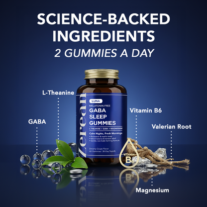 Zerean Luna bottle surrounded by its ingredients — valerian root, GABA, L-theanine, magnesium and vitamin B6.
