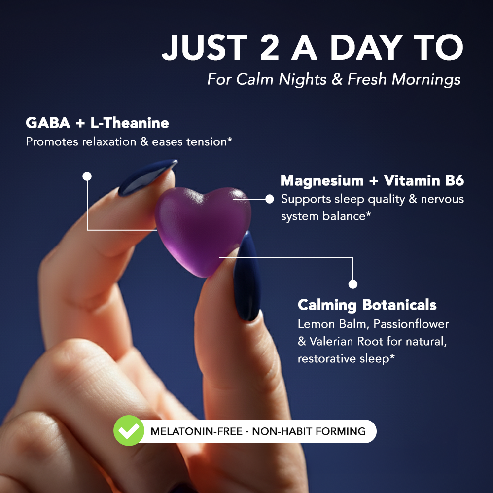 Hand holding heart-shaped Zerean Luna gummy with ingredient highlights — GABA, L-theanine, magnesium, vitamin B6, and calming botanicals.