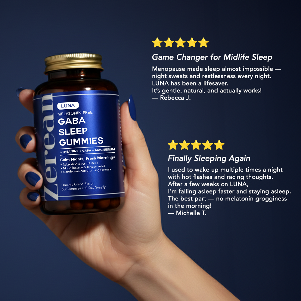 Hand holding Zerean Luna GABA Sleep Gummies bottle with customer reviews describing better sleep, reduced night restlessness, and improved energy.
