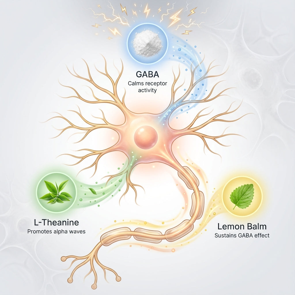 Scientific illustration showing how three sleep-support ingredients interact with a neuron. A detailed neuron cell with dendrites and axon is central, with three ingredient spheres delivering their effects via colored flowing streams: GABA (blue sphere with white powder, "Calms receptor activity") connects to the dendrites with blue particles and lightning bolts being calmed, L-Theanine (green sphere with tea leaves, "Promotes alpha waves") flows green particles into the cell body, and Lemon Balm (yellow sp