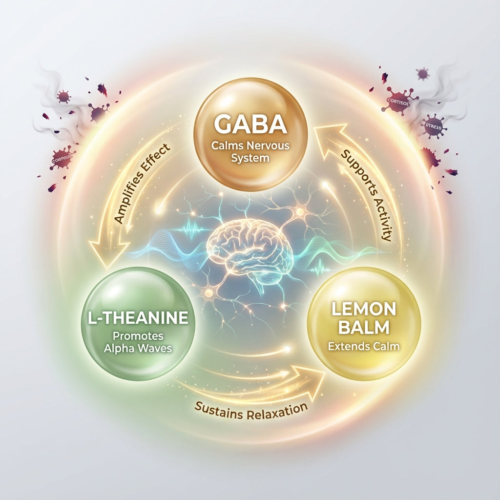 Scientific infographic illustrating the synergistic relationship between three sleep-support ingredients. A central brain illustration with neural connections and calm wave patterns is surrounded by three ingredient spheres in a triangular arrangement: GABA (golden sphere, "Calms Nervous System") at top, L-Theanine (green sphere, "Promotes Alpha Waves") at bottom left, and Lemon Balm (yellow sphere, "Extends Calm") at bottom right. Curved arrows show their interactions: "Amplifies Effect," "Supports Activit